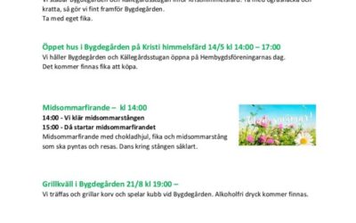 Kommande aktiviteter BHF maj-augusti
